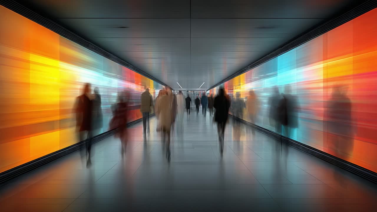 A Dynamic Passageway Filled with Commuters and Vibrant Digital Displays, Showcasing a Blurred Sense of Movement and Urban Energy in a Modern Interior Space