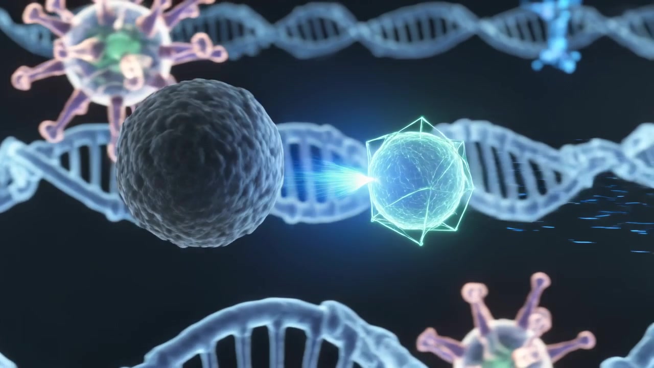 Blue trail brightening, dark spheroid and faceted particle interacting in cellular CGI, DNA helices