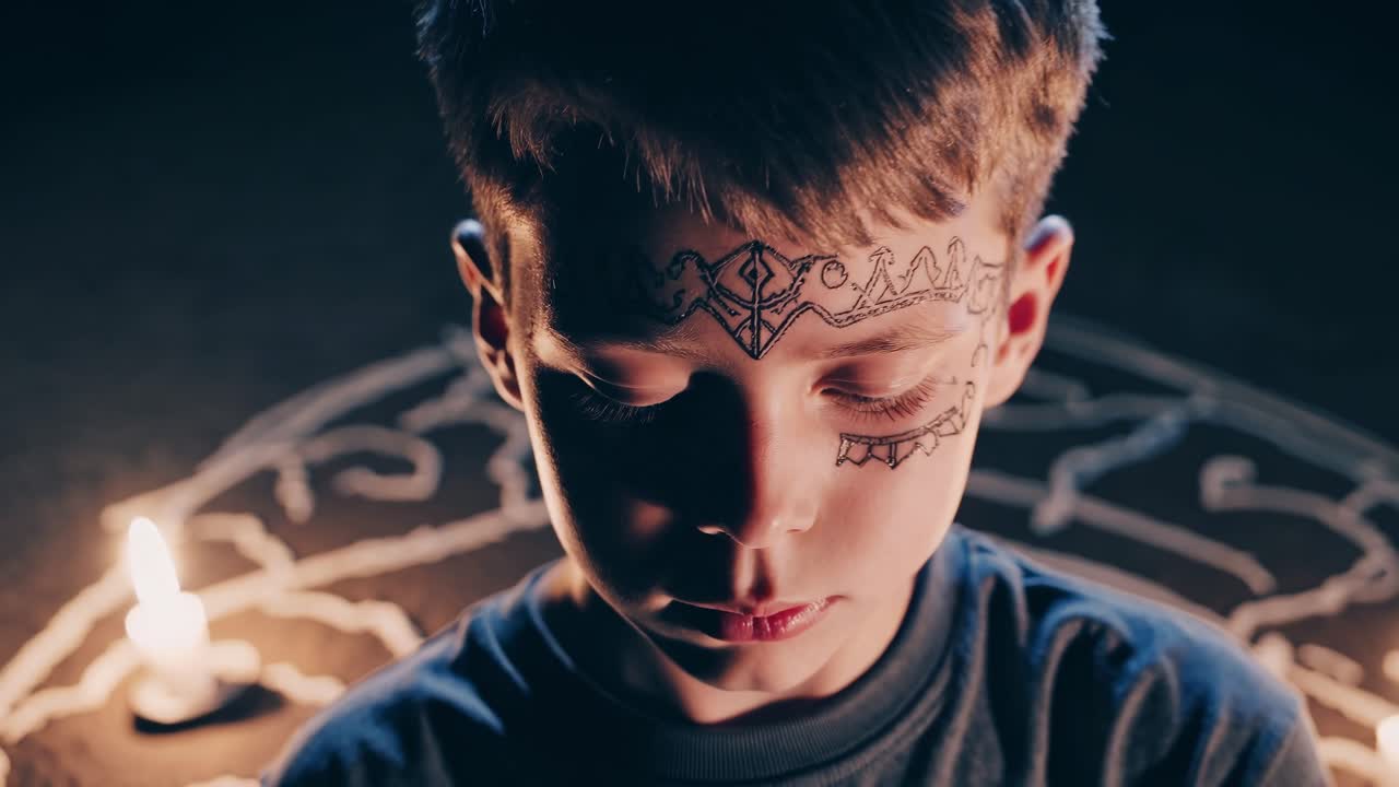 Young boy with intricate facial markings sits in a dimly lit space surrounded by candles, immersed in a mystical ritual, showcasing a captivating moment of focus and serenity