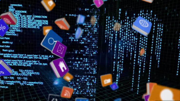Internet icons and symbols on squares with computer codes