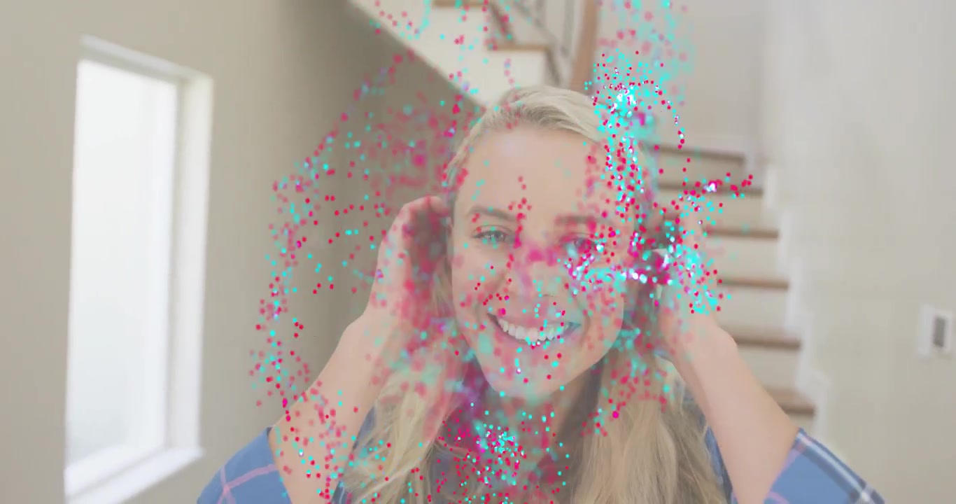 Woman closing eyes and activating pink cyan overlay in foyer, adjusting face showcasing AR filter
