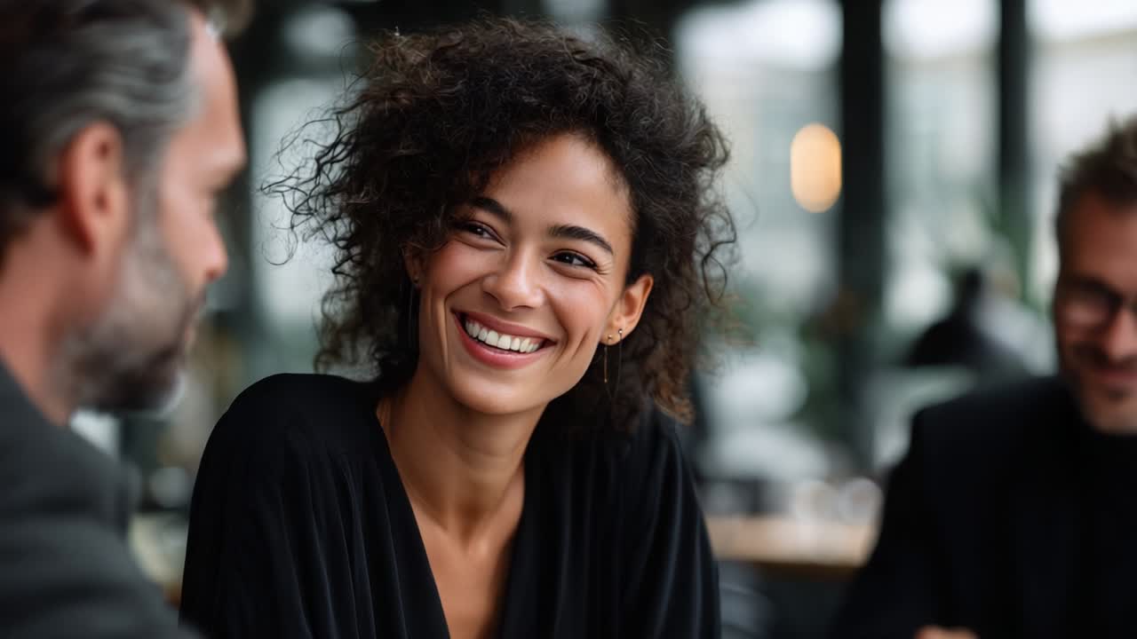 A candid moment capturing a joyful conversation among friends in a modern café setting, showcasing expressions of happiness, connection, and shared stories over coffee and laughter