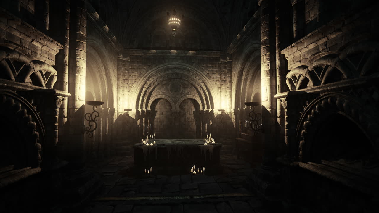 Mystical underground chamber illuminated by candles in an ancient castle