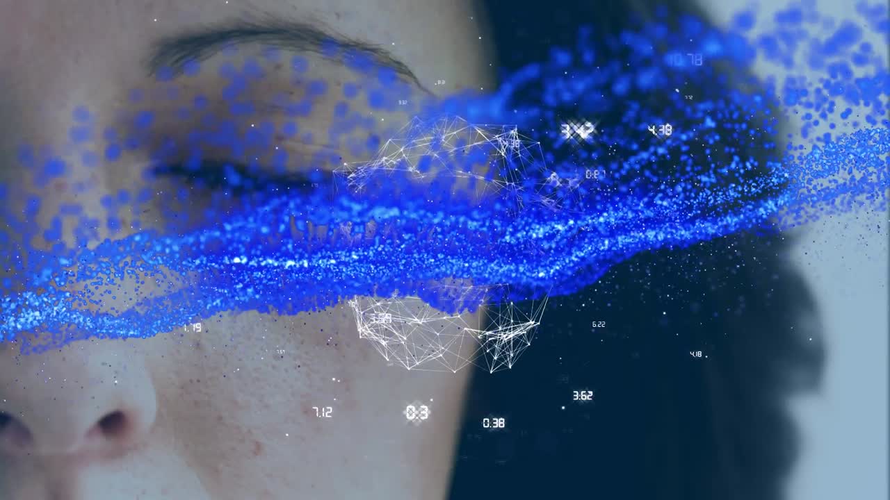 백인 여성의 눈 위에 있는 빛의 반점과 지구의 애니메이션