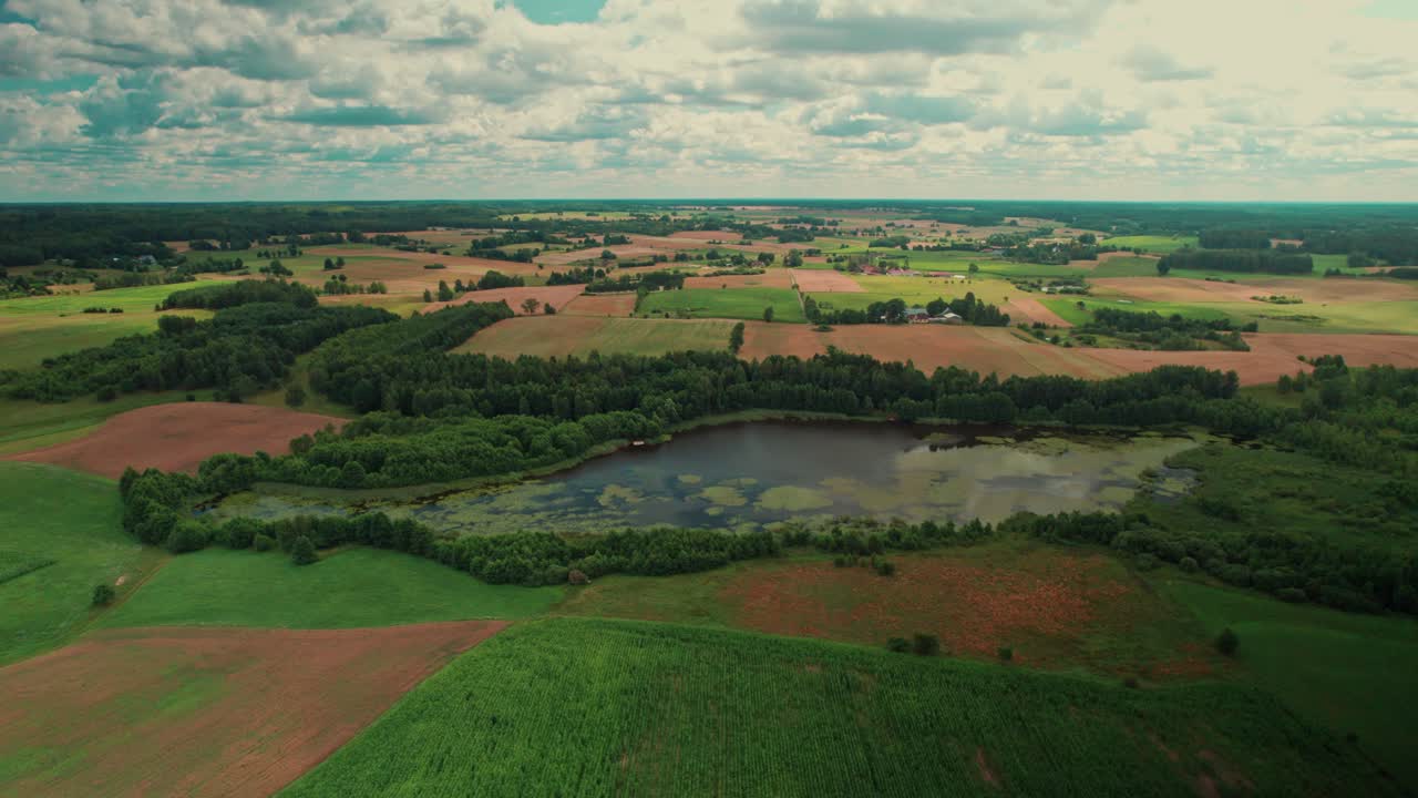 Aerial View of Rural Landscape with Fields, Forest, and Lake
