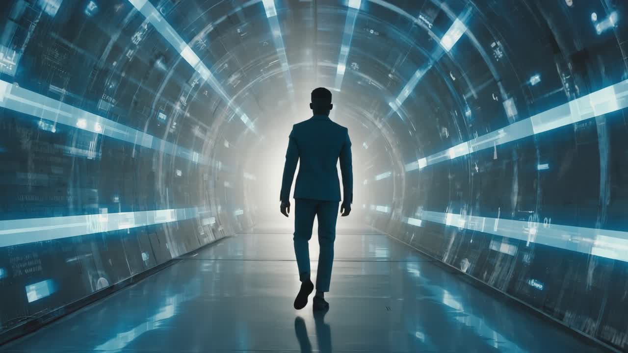 A man walking through a futuristic tunnel