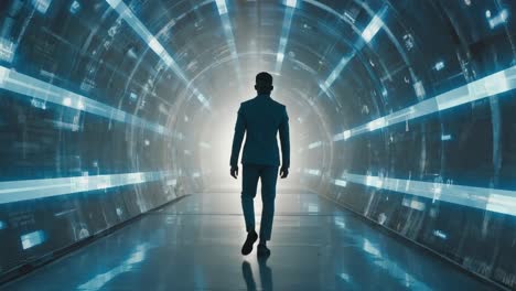 a man walking through a futuristic tunnel