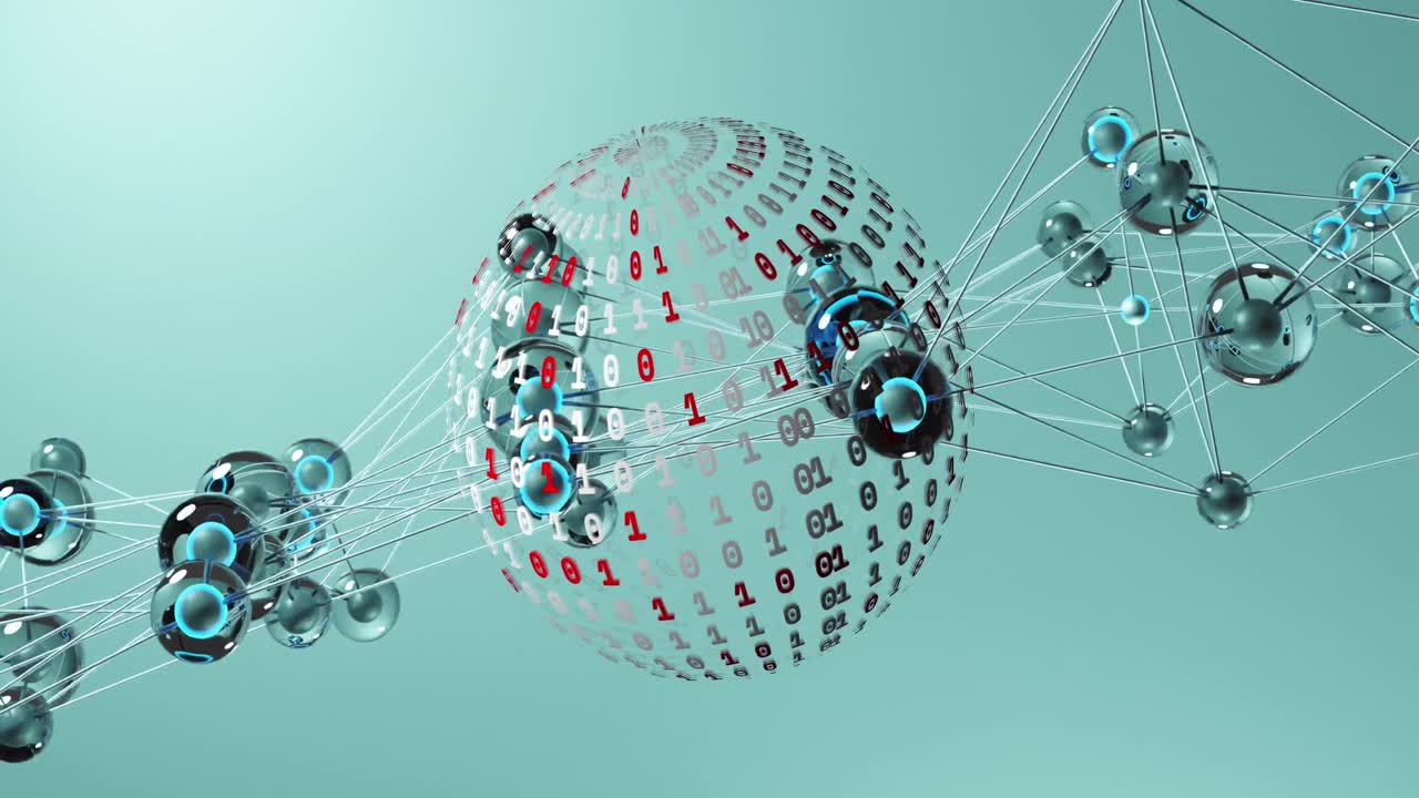 animación de puntos de conexión sobre un globo de codificación binaria girando contra un fondo azul