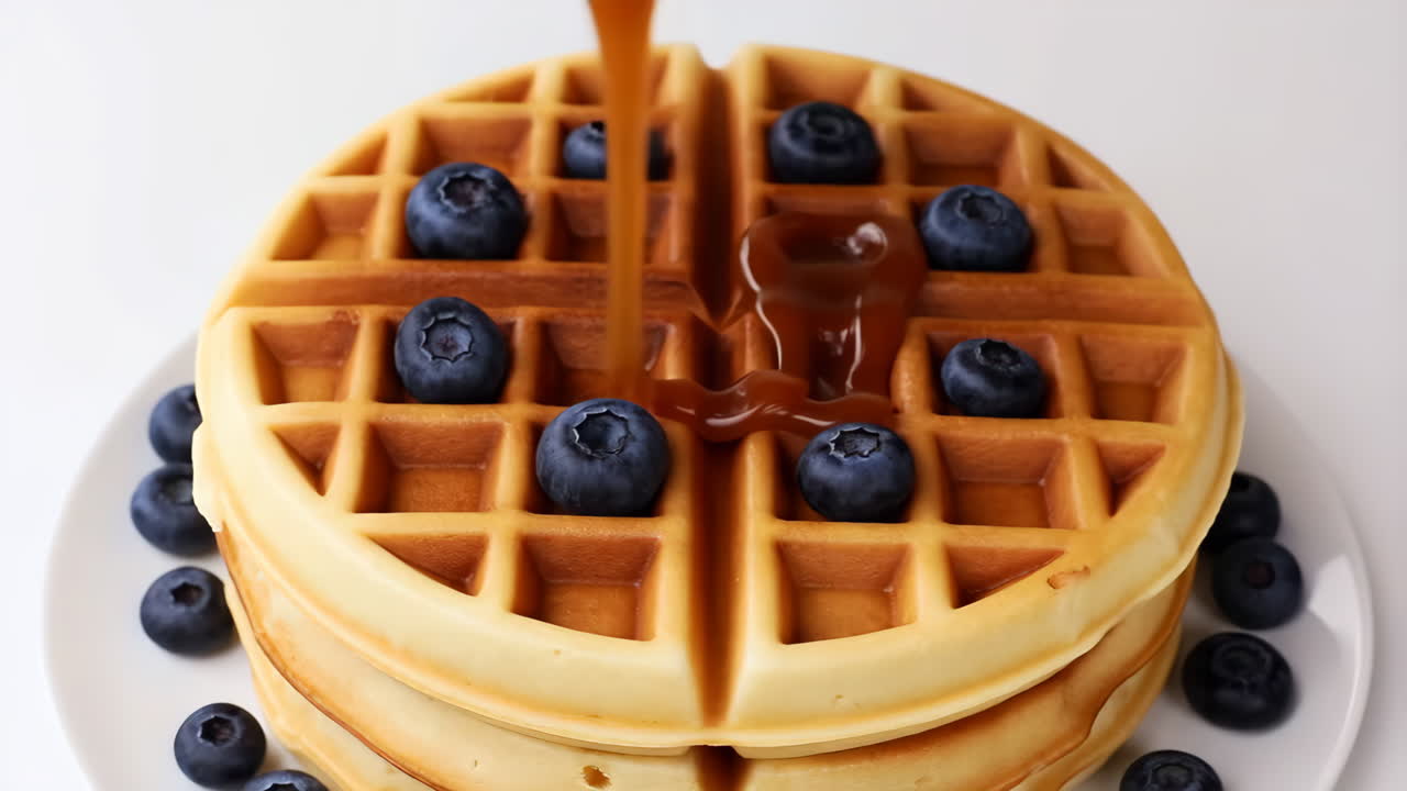 Stack of Golden Waffles with Blueberries and Pouring Syrup