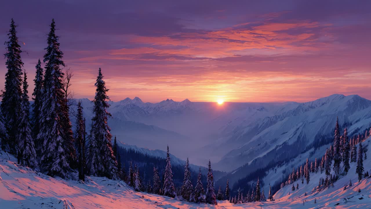 Paesaggio invernale mozzafiato catturato con dettagli incredibili, che mostra un maestoso tramonto sulle montagne innevate e imponenti alberi sempreverdi
