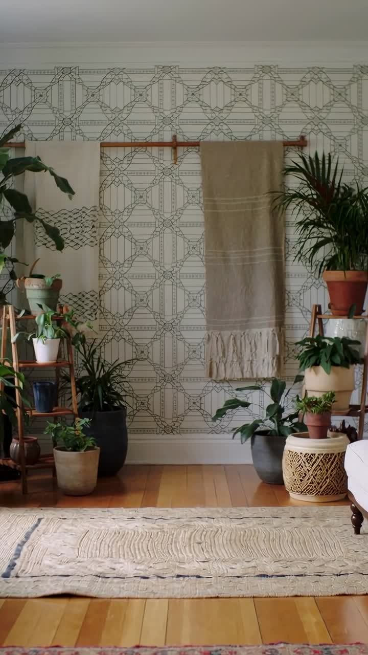 Vertikal video: Panorerande kamera som rör sig åt höger och lyfter fram en väggdisplay med beige textil och växter.