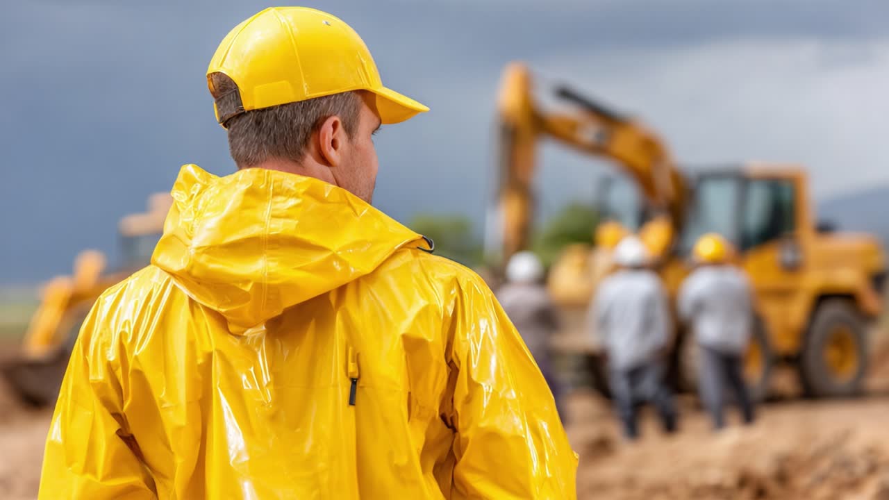 A Construction Worker in Yellow Rain Gear Observes Operations at a Job Site as Heavy Machinery Works in the Background Under a Dramatic Sky