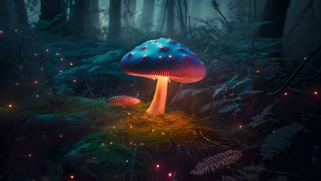 a vibrant blue mushroom standing alone in a lush forest