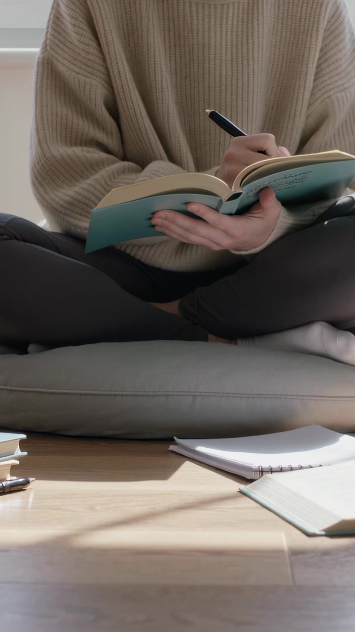 Video verticale: Donna con un maglione beige che solleva una penna e scrive appunti di studio a casa, con un quaderno color verde acqua.