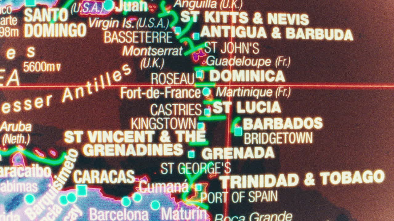 Close-up of a map showing the Caribbean Lesser Antilles and northern South America