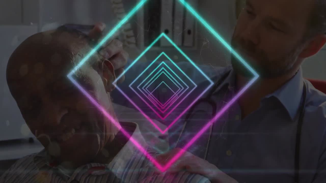 animación de formas sobre el médico caucásico con el paciente.