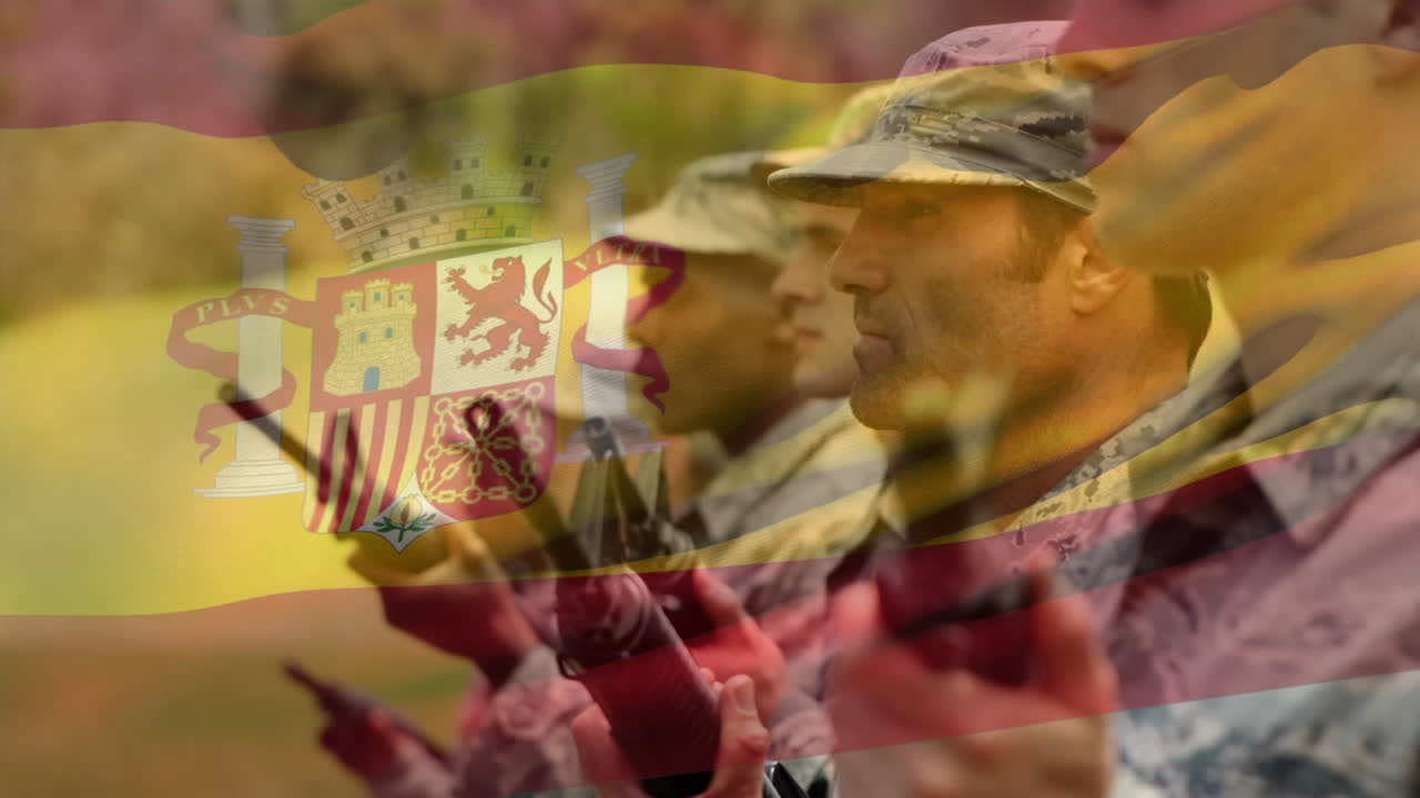 다양한 군인 위에 흔들리는 스페인 발의 애니메이션