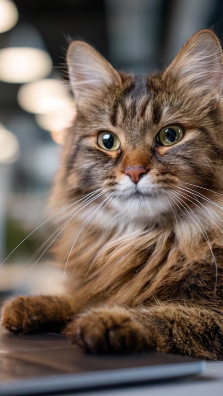 Un bellissimo gatto domestico con pelliccia lussuosa e occhi accattivanti che si rilassa comodamente, mostrando la sua grazia e il suo fascino in un ambiente interno accogliente.