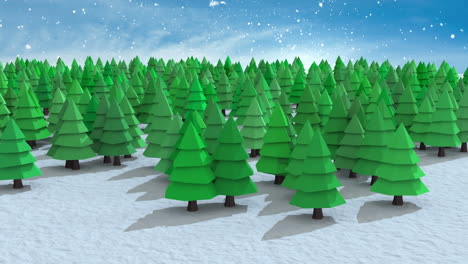 Snow falling over multiple trees on winter landscape against clouds in the blue sky