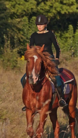 joven montando a caballo en el campo con flores silvestres