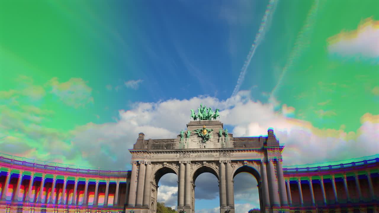Creative hyperlapse of Cinquantenaire Arch with colorful artistic effect