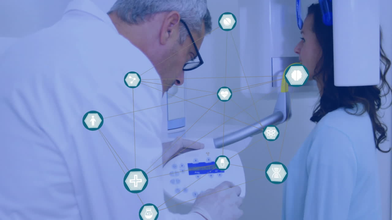 Medical icons and network animation over doctor examining patient with medical equipment
