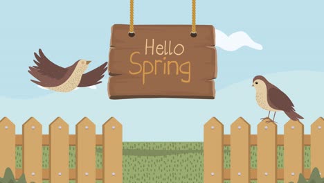 hola, letras de primavera con pájaros y cercas.