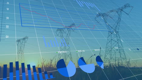 power transmission towers being animated at sunset, with 3d grid overlay and blue data charts