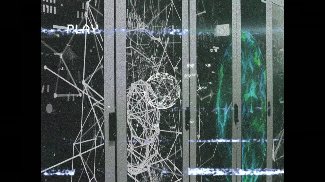 Animation of play interface screen and network of connections over computer servers