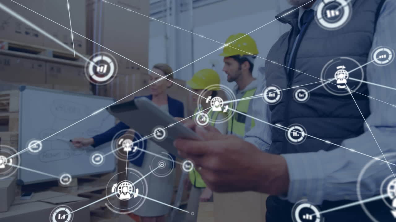 animación de la red de conexiones con iconos sobre diversos trabajadores en el almacén