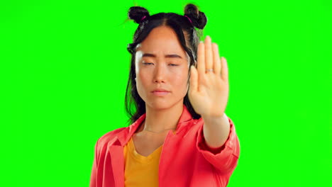 Stop,-hand-and-serious-with-asian-woman-in-studio