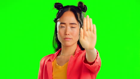 stop, hand and serious with asian woman in studio