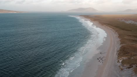 toma de dron de la playa de berneray a la hora dorada, con el machair en el fondo