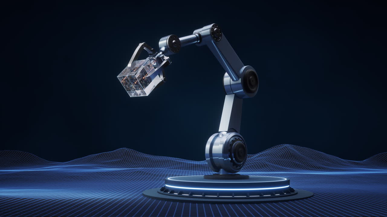 brazo mecánico y espacio de cuadrícula digital, renderización 3d.