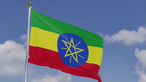 Flag-Of-Ethiopia-Moving-In-The-Wind-With-A-Clear-Blue-Sky-In-The-Background,-Clouds-Slowly-Moving,-Flagpole,-Slow-Motion