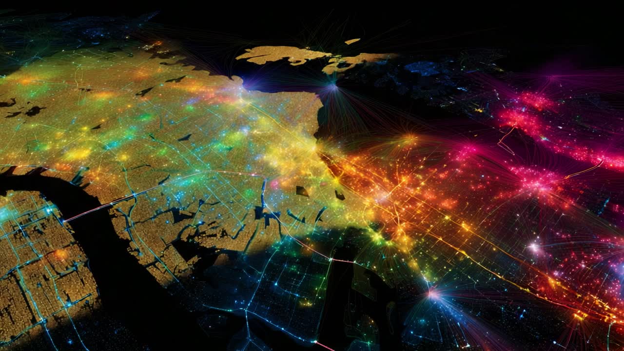 Zářivá městská luminescence: Ohromující vizualizace městských světel a propojení dopravy zobrazená v jasných barevných paletách, zachycující dynamickou energii metropolitního života