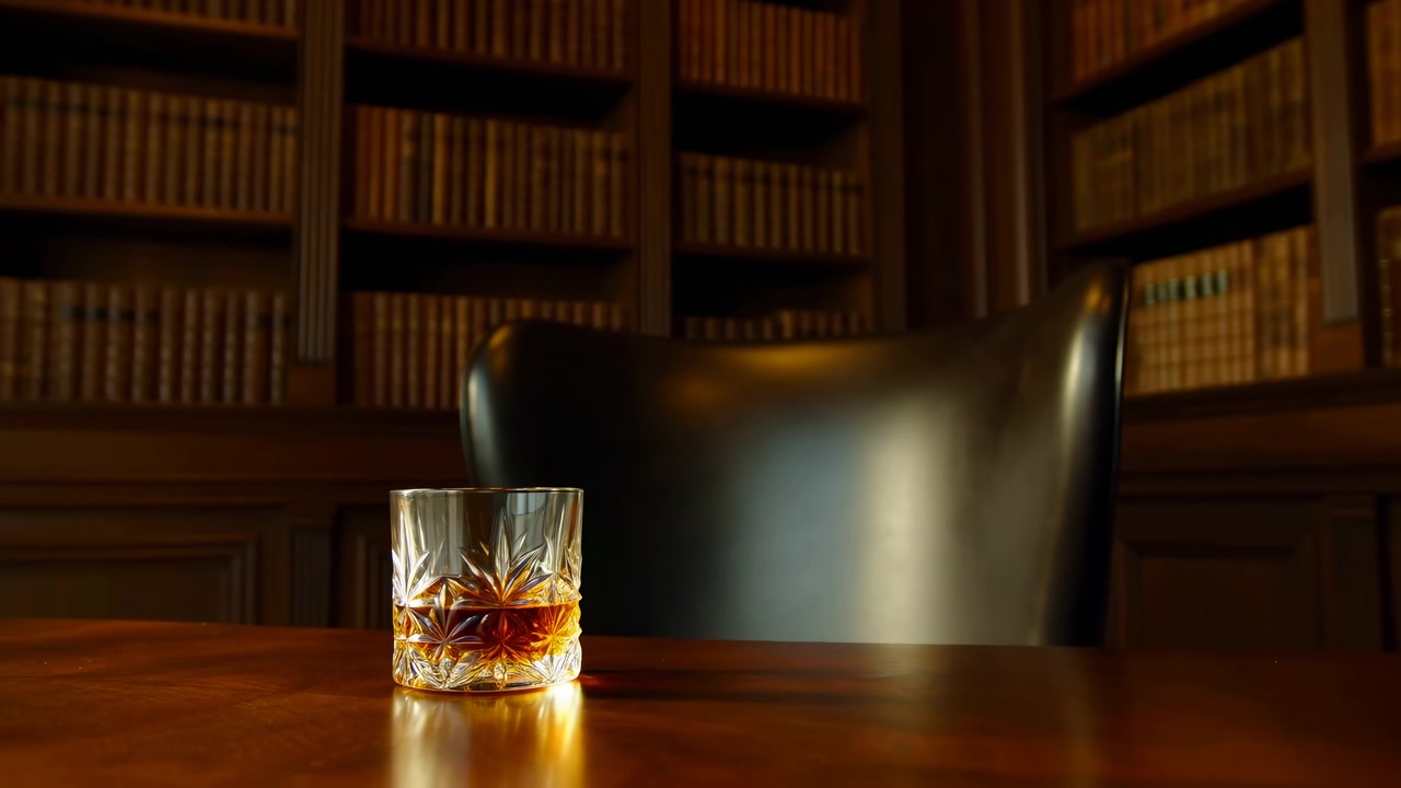 Bicchiere di whisky su scrivania lucida, sedia in pelle vuota in uno studio/biblioteca con illuminazione calda e soffusa, liquido ambrato.