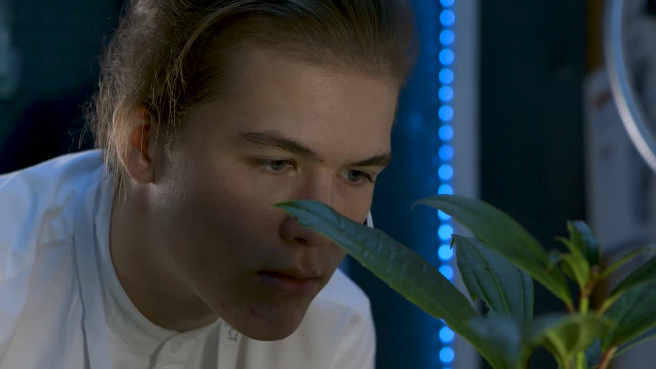 escena de ciencia ficción - joven técnico en un laboratorio de ciencia ficción revisando una pequeña planta