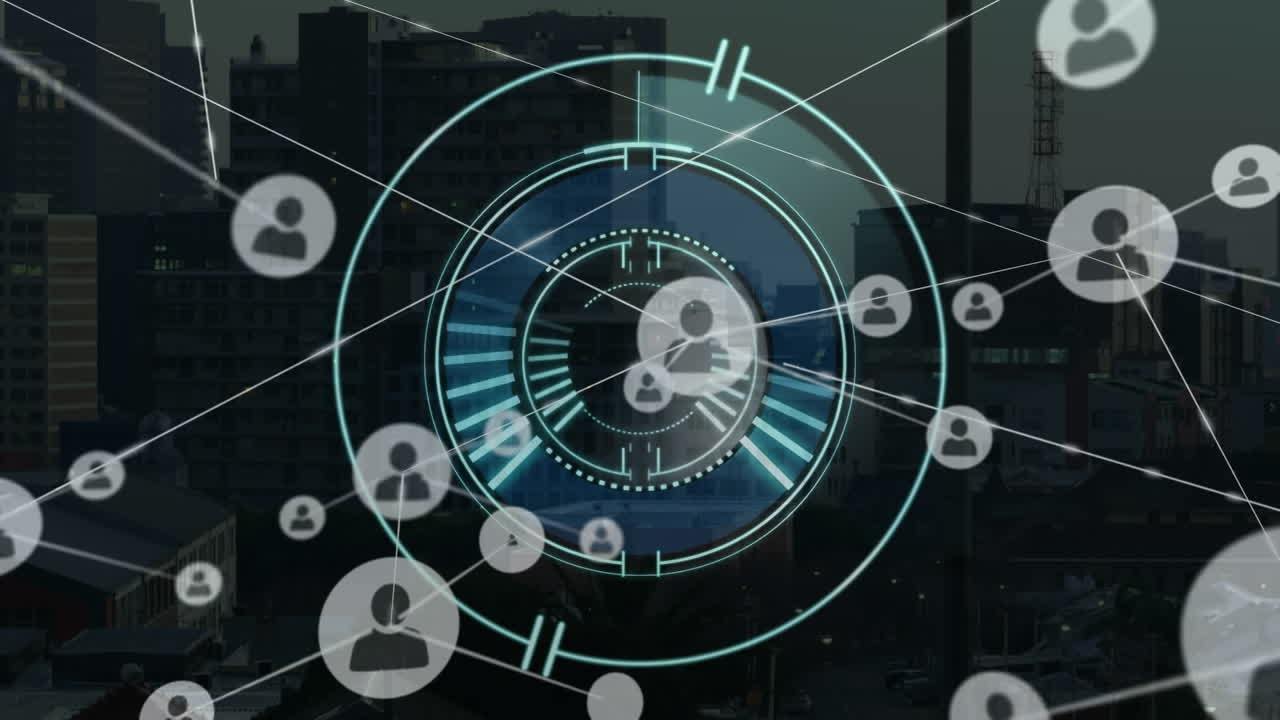 Animation of scope and network of connections over cityscape