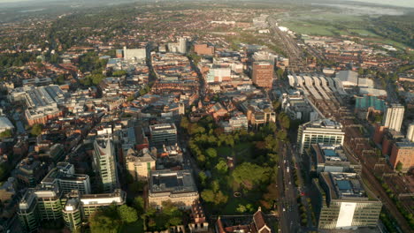 Aerial-shot-over-Reading-UK-high-street-at-sunrise