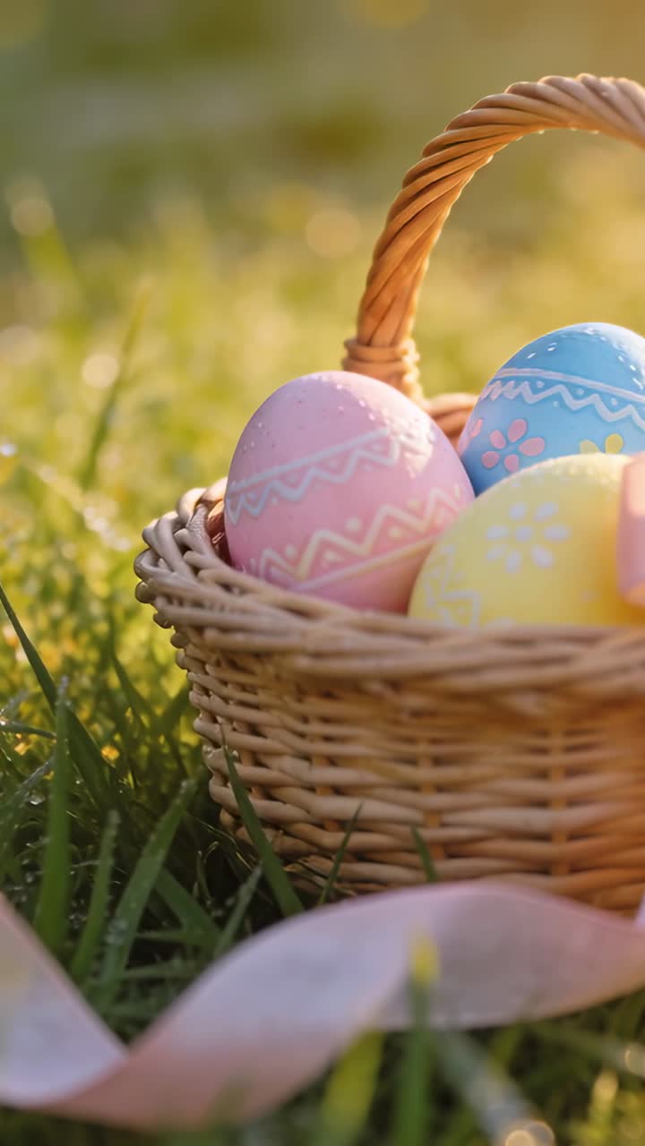 Vertical video: Pulling focus camera revealing wicker basket with 3 pale eggs on lawn, dew gleaming