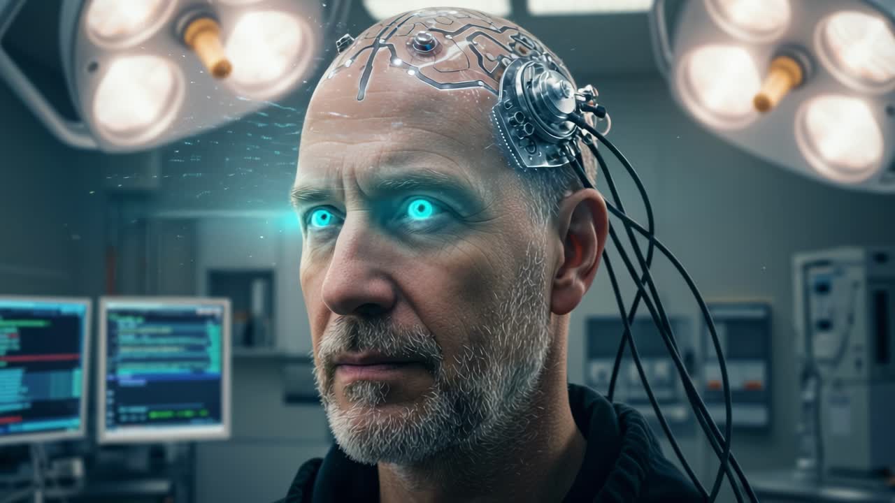 Futuristic brain enhancement in a high-tech surgical environment during a groundbreaking operation at a modern medical facility