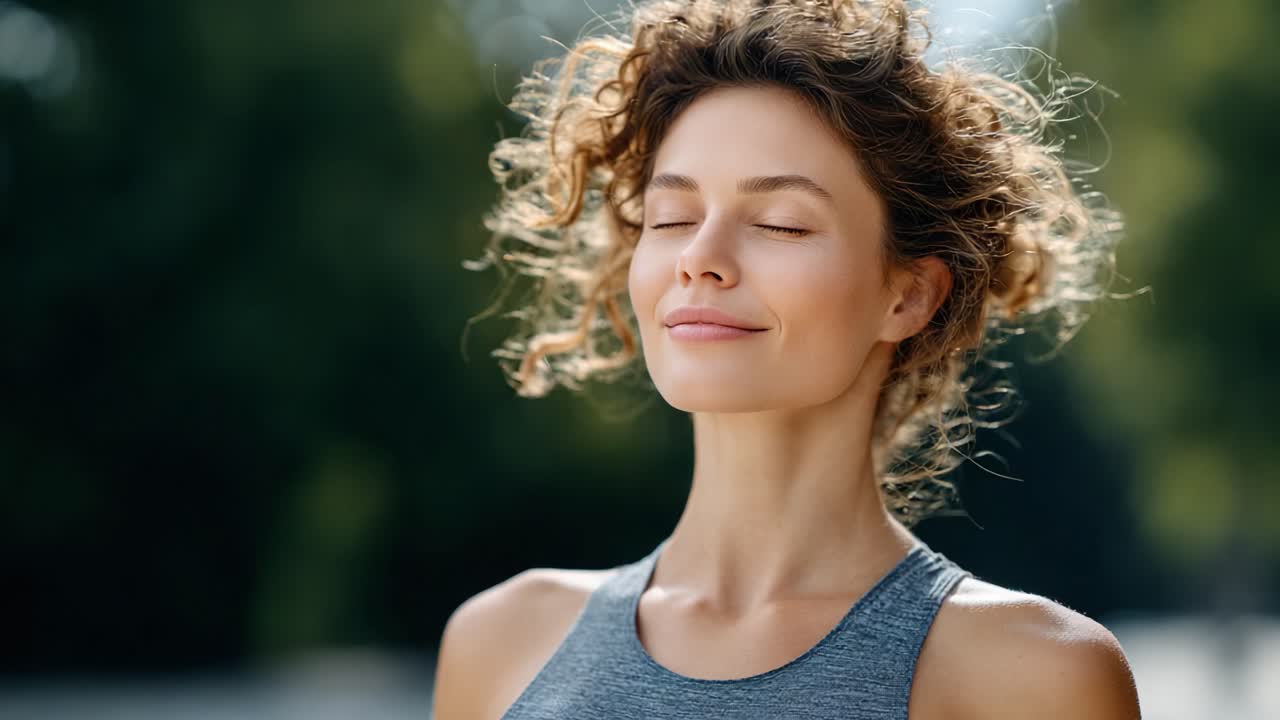 Una donna che abbraccia la serenità: catturando la bellezza della calma e del relax nella natura con un'espressione pacifica e uno spirito gioioso.