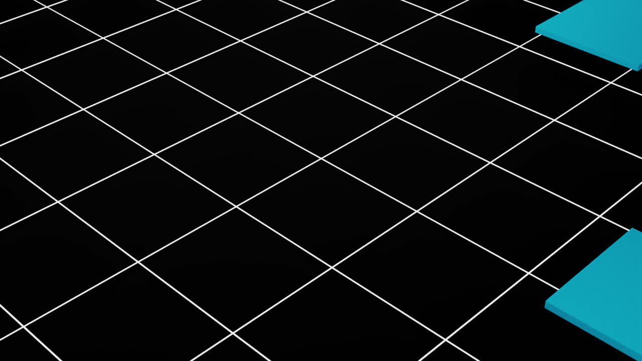 animación de cubos rojos y azules finos que se cruzan entre sí en un suelo de rejilla