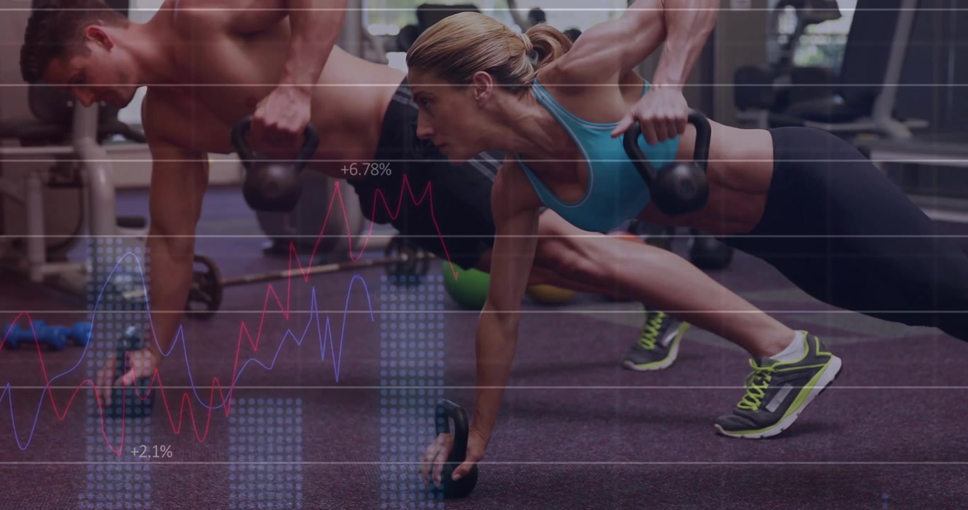 Fitness duo from high-plank performing single-arm KB rows HUD graphs over torsos for core strength