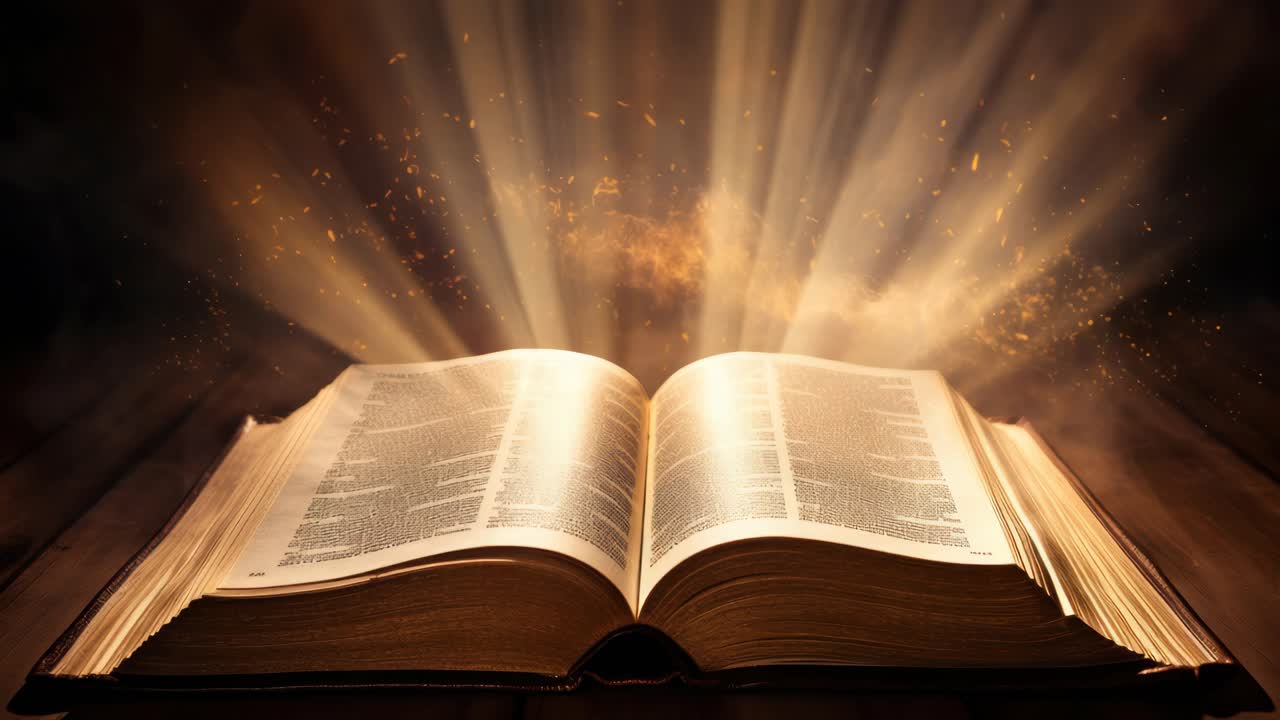 Ein offenes Buch leuchtet mit strahlenden Lichtstrahlen, aufgenommen aus einem niedrigen Winkel