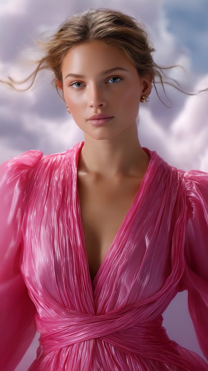 Un ritratto accattivante di una giovane donna in un vivace abito rosa, circondata da nuvole soffici, che emana eleganza e bellezza in un'atmosfera onirica.