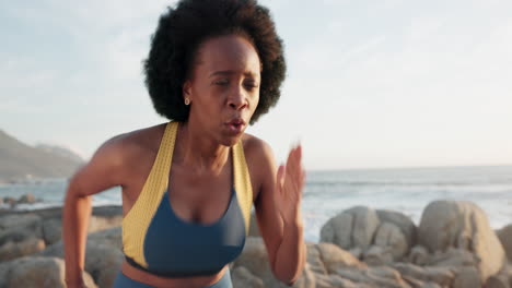 Fitness,-black-woman-and-beach-warm-up-for-running