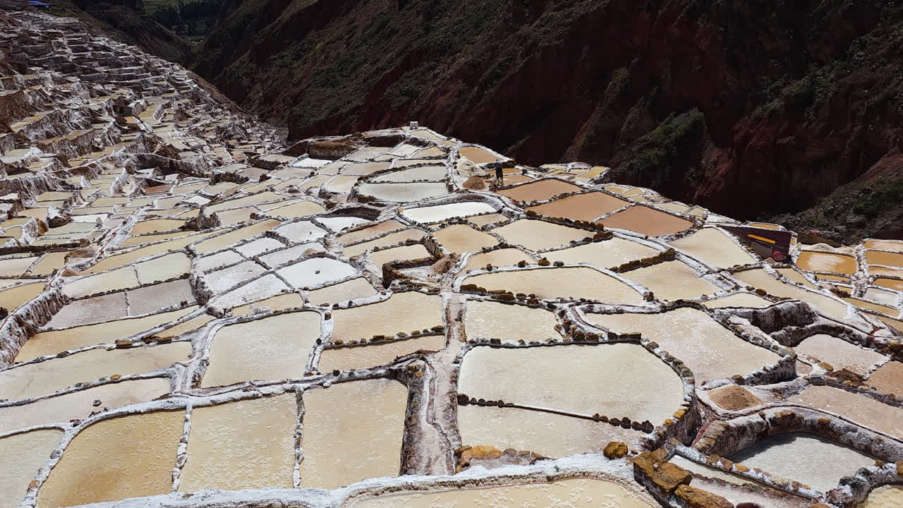 Pan shot captures the impressive terraced salt ponds of the Maras Salt Flats, showcasing this unique and beautiful landscape in the Sacred Valley, Peru