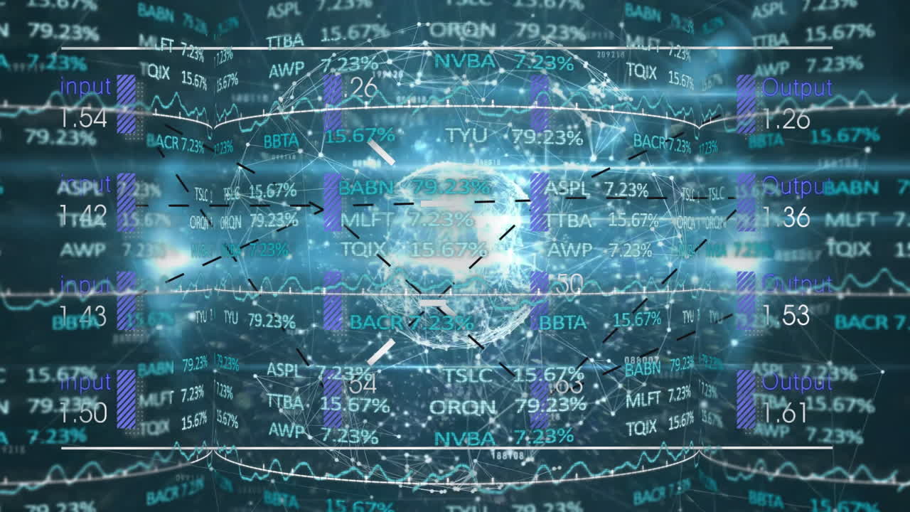 Financial data and stock market statistics surrounding digital globe animation